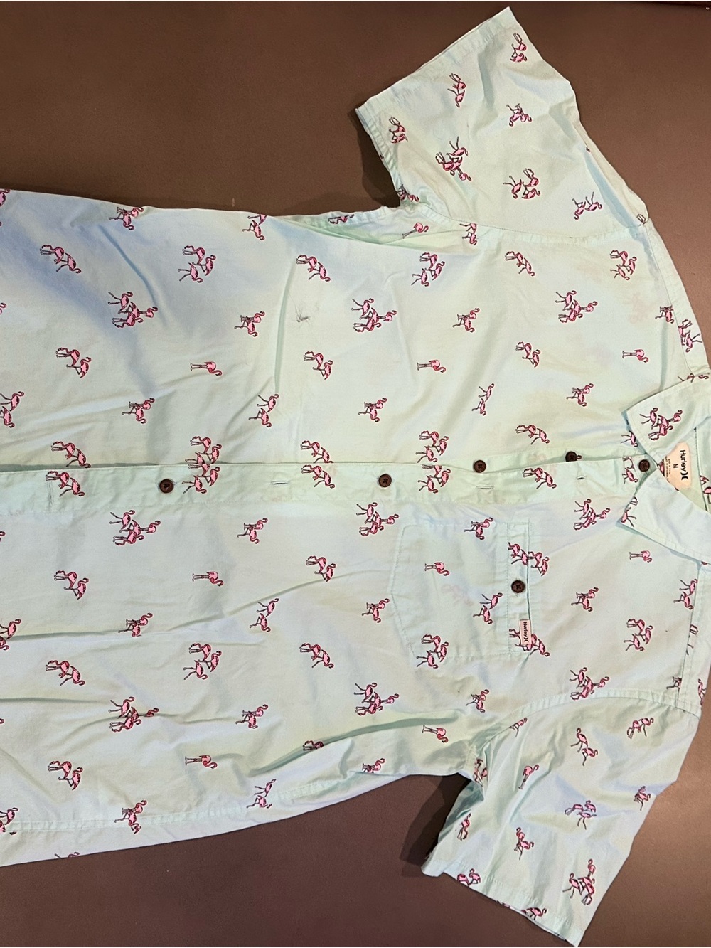 Hurley Light Mint Short-Sleeve Button-Up with Pink Flamingo Print